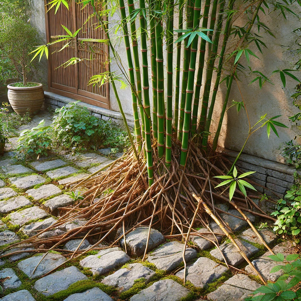 bamboo stems breaking through a garden patio